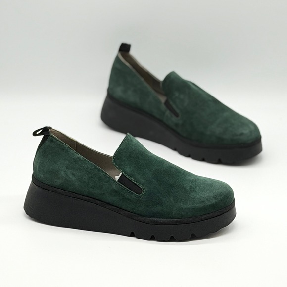 Fly London Shoes - FLY LONDON Pece Wedge Slip On Shoes Women 38 Green Suede Platform Comfort Loafer